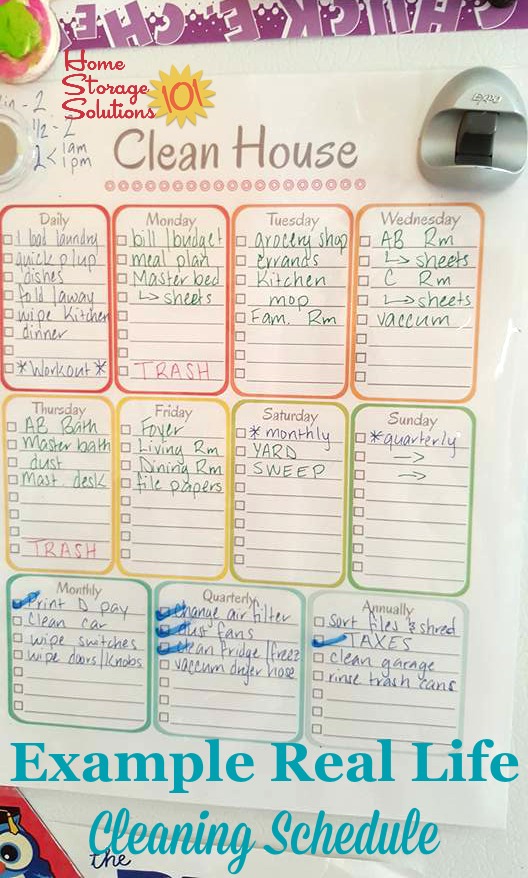 Example of personalized weekly cleaning schedules used in real life {on Home Storage Solutions 101}