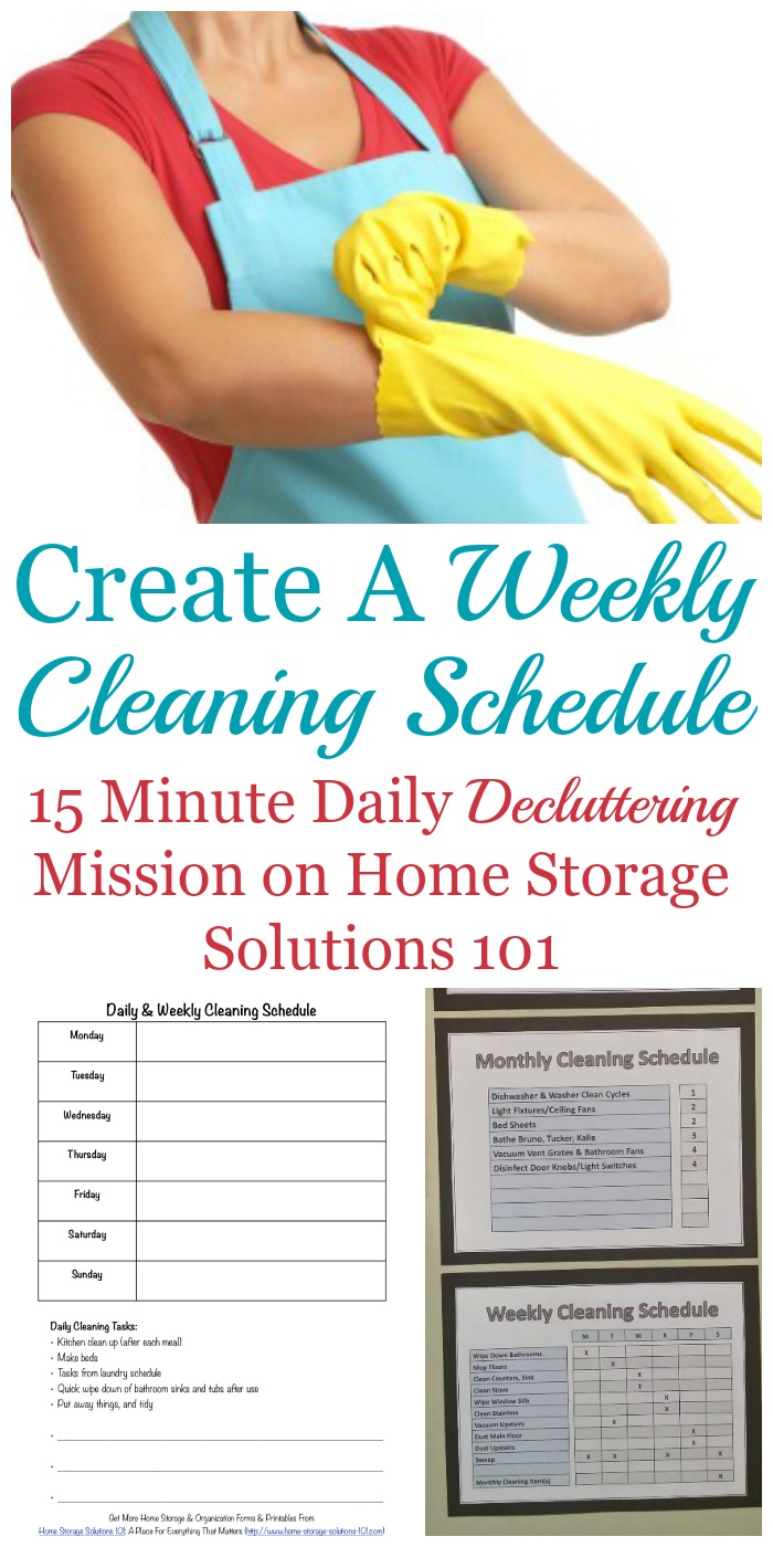 #Declutter365 daily mission to create a weekly cleaning schedule in your home that fits your personality, home and life, as well as instructions for how to combine it with your daily cleaning chores to keep a clean house most of the time {on Home Storage Solutions 101} #CleaningSchedule #CleaningRoutine