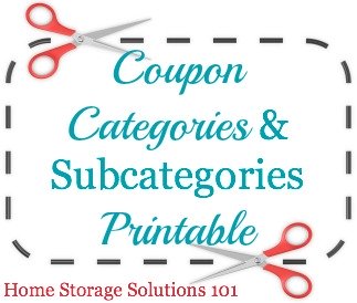 List of coupon categories and subcategories for organizing your coupons, including free printable that can be used as a table of contents for your coupon binder.