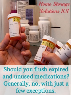 Why you should generally not flush your unused medication, and the few exceptions to this general rule {on Home Storage Solutions 101} - great information when you are decluttering!