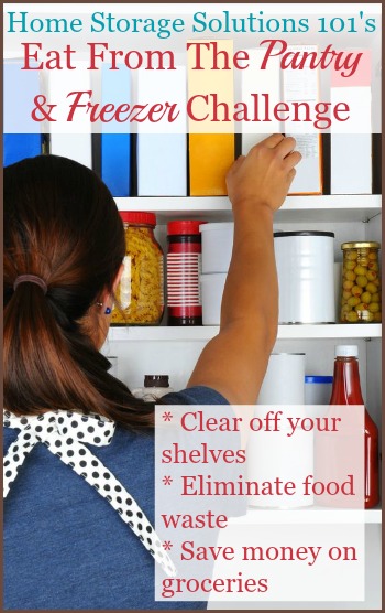 Eat From The Pantry & Freezer Challenge, on Home Storage Solutions 101 -- it will help you declutter your food storage, eliminate food waste, and save money on groceries!