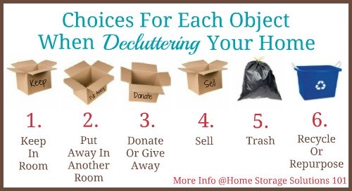 Figuring out how to #declutter is as simple as making one of these six choices for each item you touch during the process. Find out more in Home Storage Solutions 101 #decluttering series.