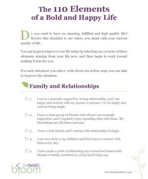 Free printable personal development goals checklist, listing the 100 Elements of a Bold & Happy Life {courtesy of Home Storage Solutions 101 and Live Bold & Bloom}