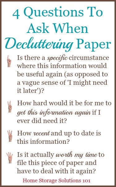 4 questions to ask when decluttering paper so that you can get rid of the right things! {on Home Storage Solutions 101} #DeclutteringPaper #PaperClutter #DeclutterPaper