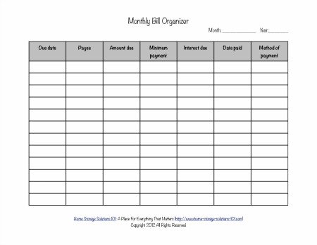 printable monthly bill organizer