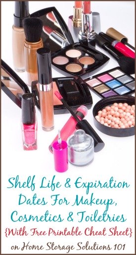 Helpful information about the shelf life and expiration dates of makeup, cosmetics and toiletries, plus a free printable cheat sheet {on Home Storage Solutions 101}