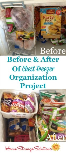 Before and after of a chest freezer organization project {featured on Home Storage Solutions 101}
