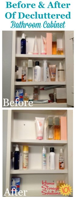 Before and after of decluttered bathroom cabinets {featured on Home Storage Solutions 101}