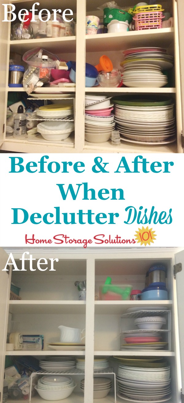 Before and after when decluttered dishes cabinet as part of the #Declutter365 missions on Home Storage Solutions 101