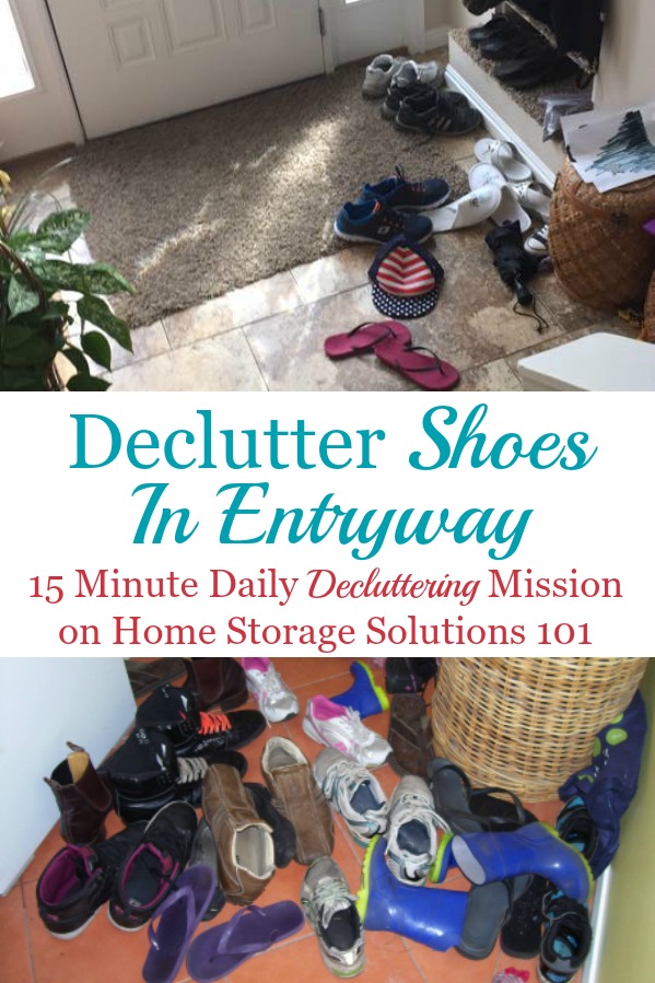 Tips for decluttering shoes by the door or entryway, with ideas for how to keep them under control from now on as well {a #Declutter365 mission on Home Storage Solutions 101} #DeclutterShoes #DeclutteringShoes
