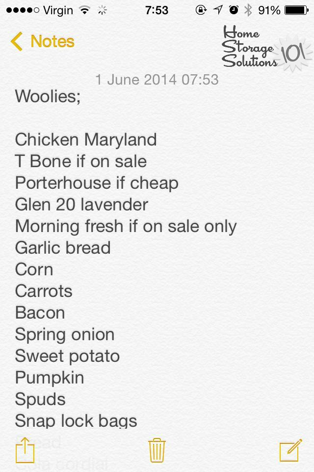 Make a grocery list right on your smart phone using the notes app {featured on Home Storage Solutions 101}