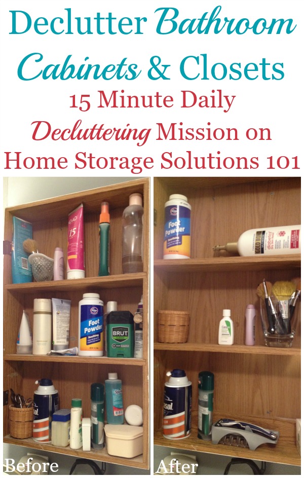 How to declutter bathroom cabinets and closet shelves, including lots of before and after photos from readers who've done this #Declutter365 mission {on Home Storage Solutions 101}