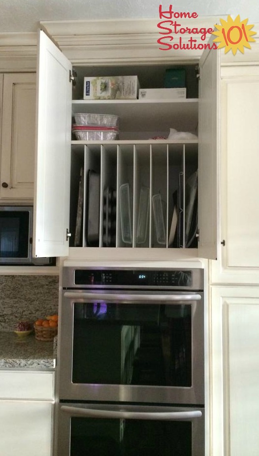 Built in kitchen cabinet dividers for organizing bakeware {featured on Home Storage Solutions 101}