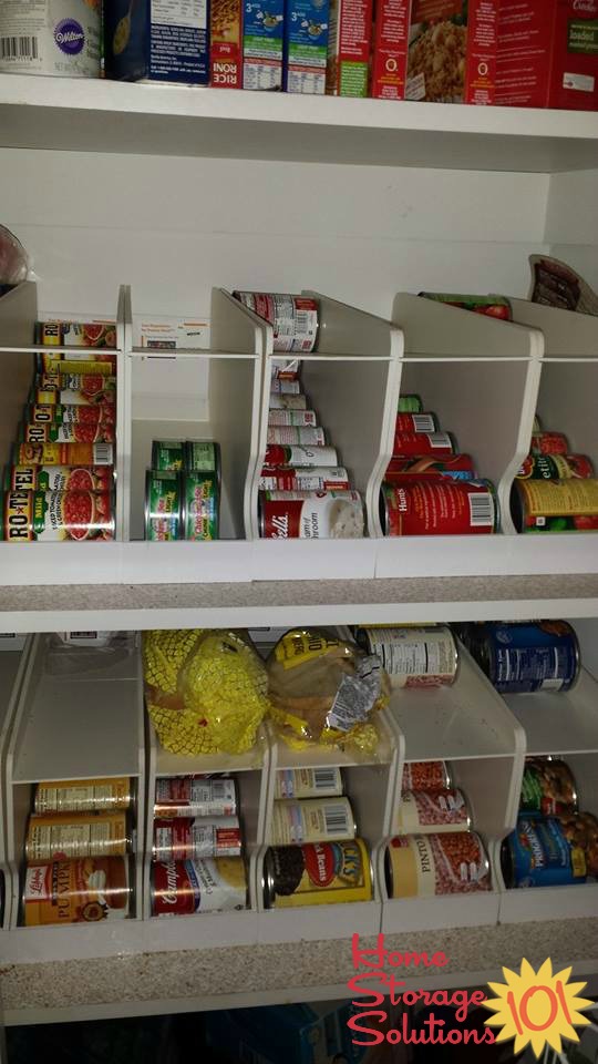 Can storage racks in pantry, to help with can rotation {featured on Home Storage Solutions 101}