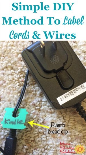 A simple DIY method to label cords and cables is to use a plastic bread tab. It's a great way to get yourself organized, plus repurpose a common household item. {Plus get lots more cord storage and organization ideas and solutions on Home Storage Solutions 101}
