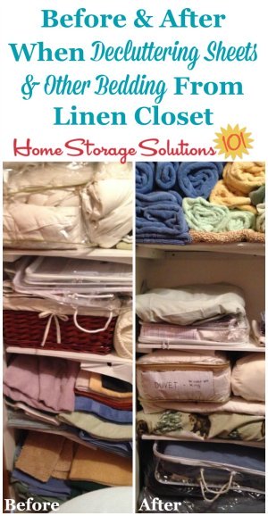 Before and after of a linen closet when a reader, Barbara, decluttered sheets and other bedding {on Home Storage Solutions 101}