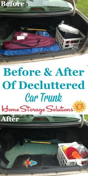 Before and after photos when declutter car trunk, plus a list of items to store in your trunk from now on for convenience and emergencies {on Home Storage Solutions 101}