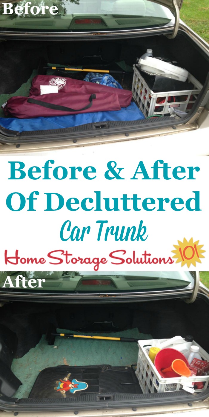 Before and after photos when declutter car trunk, plus a list of items to store in your trunk from now on for convenience and emergencies {on Home Storage Solutions 101}