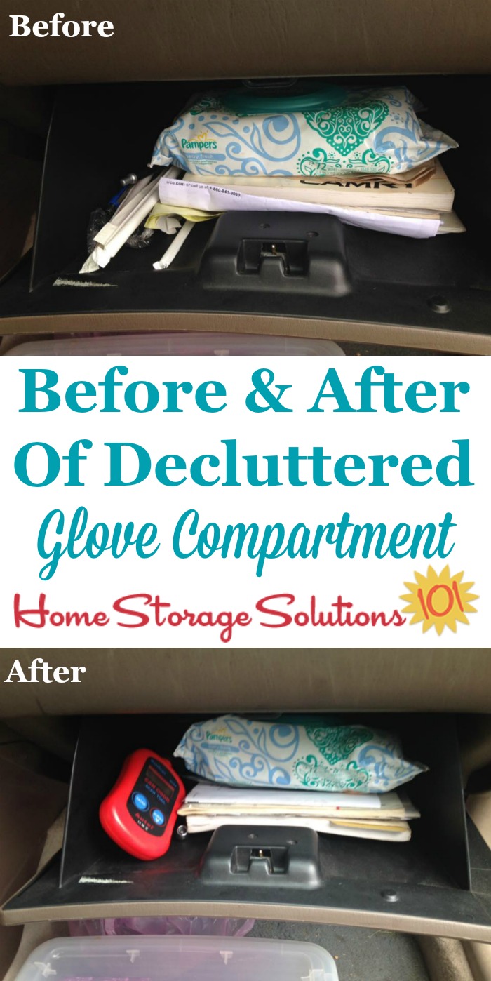 Before and after photos when declutter glove compartment, plus list of items that you should keep in your glove box {on Home Storage Solutions 101}