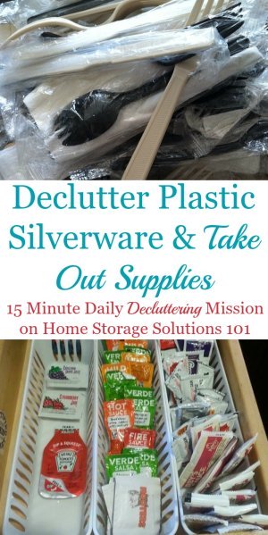 How to #declutter plastic silverware and cutlery, and other take out supplies from napkins, condiment packets, and more {a #Declutter365 mission on Home Storage Solutions 101} #Decluttering