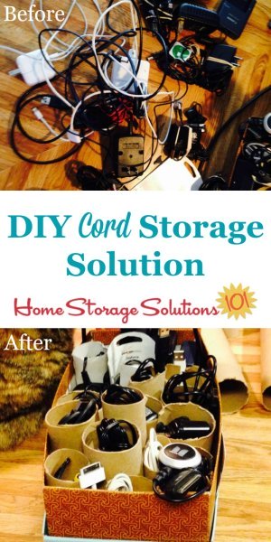 DIY cord storage solution using paper tubes and a shoe box, to keep your cords organized, neat, from getting tangled, and also labeled if you want, by repurposing items you most likely already have around your home {featured on Home Storage Solutions 101}
