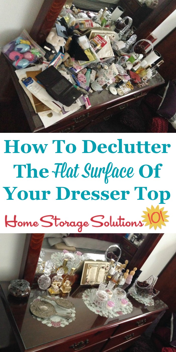 How to declutter the flat surfaces of your bedroom, including your dresser top, including lots of before and after photos from others who've done this Declutter 365 mission {on Home Storage Solutions 101}