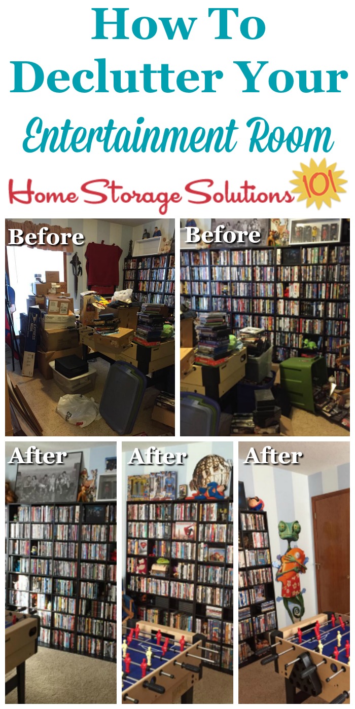How to #declutter your entertainment room or entertainment center, with before and after photos and tips {on Home Storage Solutions 101} #Declutter365 #decluttering