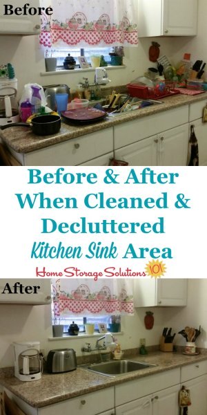 Before and after when clean and #declutter kitchen sink area {featured on Home Storage Solutions 101} #KitchenOrganization #KitchenCleaning