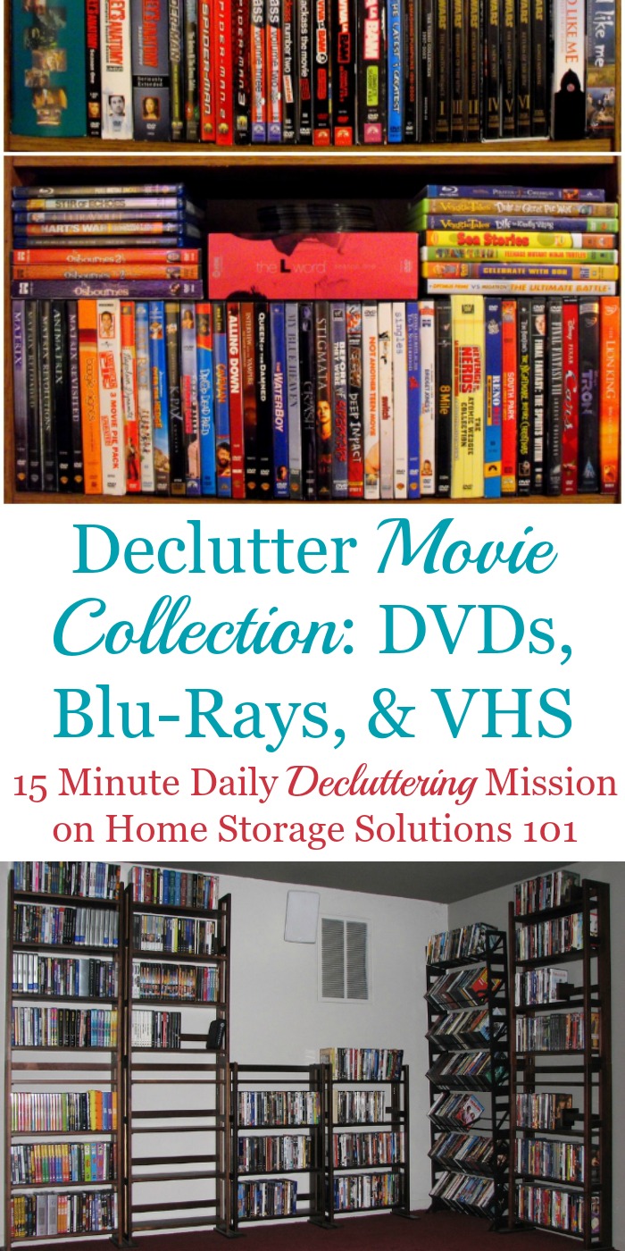 How to #declutter movies and videos from your collection, in whatever form such as DVDs, Blu-rays, VHS video tapes, and even digital copies {part of the #Declutter365 missions on Home Storage Solutions 101} #decluttering