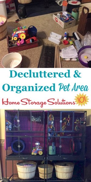 Decluttered and organized pet area, including pet cages, supplies and toys {part of the #Declutter365 missions on Home Storage Solutions 101} #declutter #decluttering