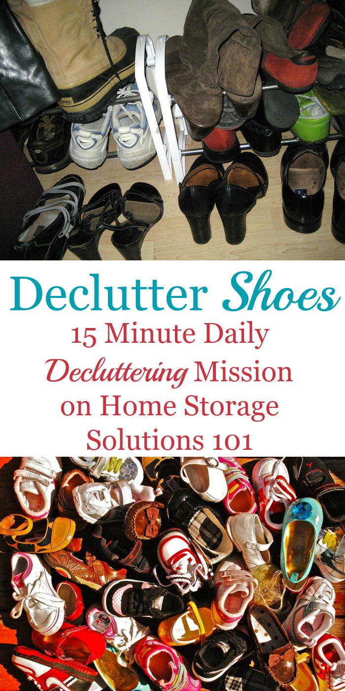 How to declutter shoes for both adults and kids, including list of shoes that are obvious clutter, guidelines for how many shoes to keep, plus before and after photos from readers who've done this Declutter 365 mission in both their closets and entryways {on Home Storage Solutions 101}