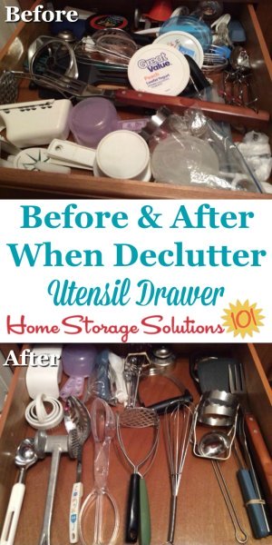 Before and after photos, plus instructions for how to #declutter your kitchen utensil drawer {on Home Storage Solutions 101} #Declutter365 #KitchenOrganization