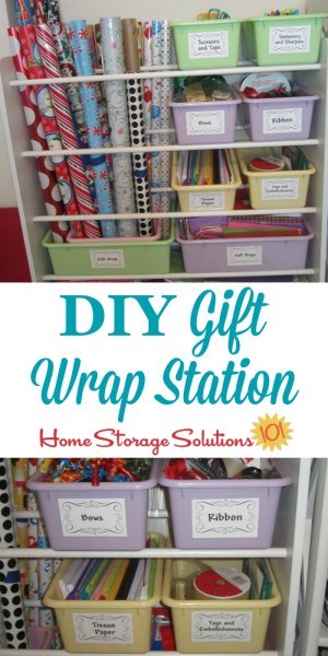 DIY gift wrap station made from an old toy organizer, for storing wrapping paper and other supplies {featured on Home Storage Solutions 101} #WrappingPaperStorage #GiftWrapStorage #HolidayOrganization