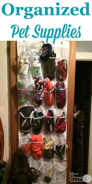 Organize small pet supplies, like small toys, leashes, collars and more with an over the door shoe organizer {on Home Storage Solutions 101} #PetSupplies #OrganizingTips #OverTheDoorShoeOrganizer