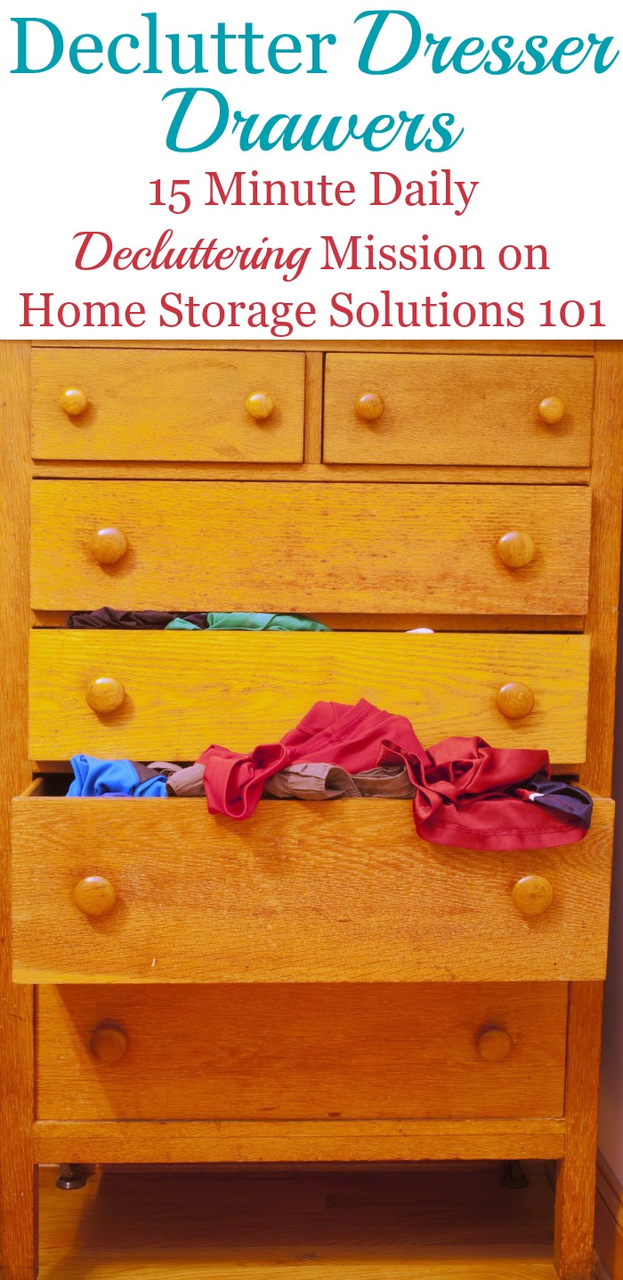 How to get rid of folded clothing and dresser drawer clutter, for both adults and kids {a #Declutter 365 mission on Home Storage Solutions 101} #DeclutterDrawers #DeclutterClothes
