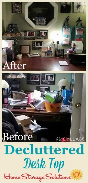 Before and after results when Lori decluttered her desk top {on Home Storage Solutions 101}