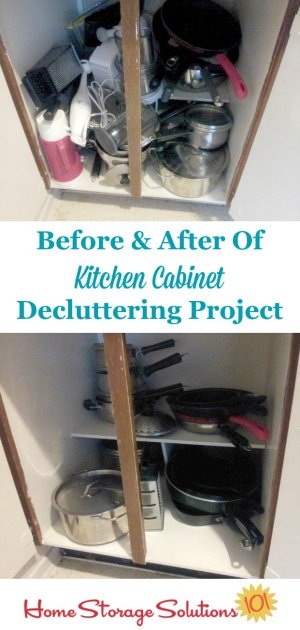 Before and after of decluttered kitchen cabinets, from a participant in the #Declutter365 missions on Home Storage Solutions 101