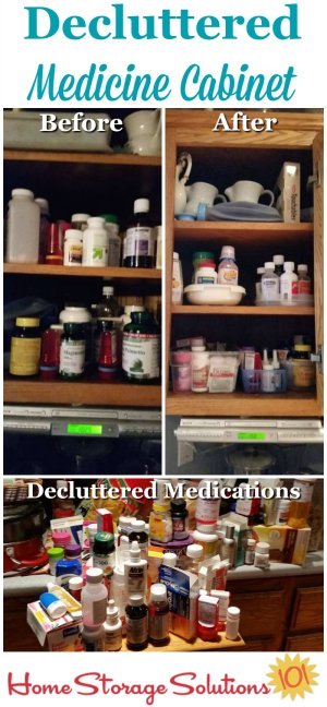 Make sure to #declutter your medicine cabinet, no matter where it's located, such as in the bathroom or kitchen, at least once a year and get rid of expired or unused medications {on Home Storage Solutions 101} #DeclutterKitchen #MedicineCabinet