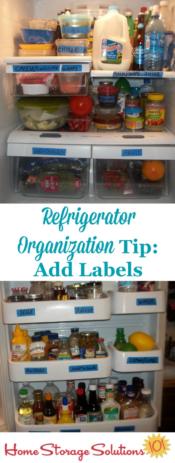 Add labels to your refrigerator shelves and door to help everyone know where to place items within your fridge to keep up the organizational method you've chosen {featured on Home Storage Solutions 101}