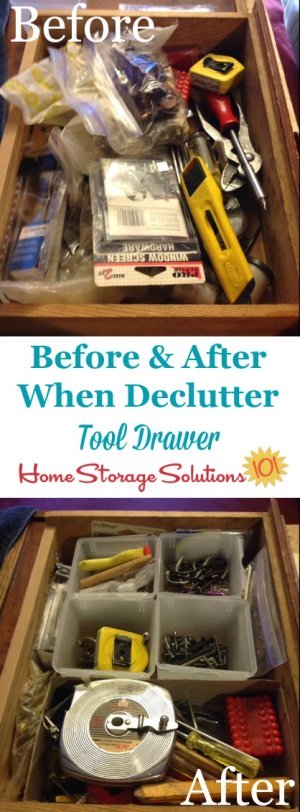 Before and after results when Cindie decluttered her tool drawer {featured on Home Storage Solutions 101}