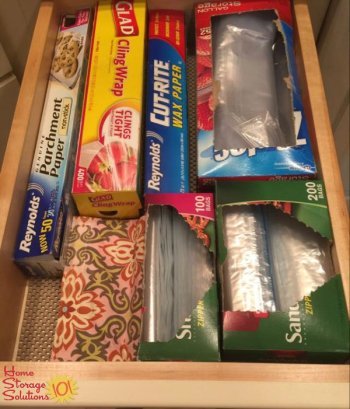 No need to get complicated. Store your plastic bags, aluminum foil and plastic wrap in a kitchen drawer. Featured on Home Storage Solutions 101.