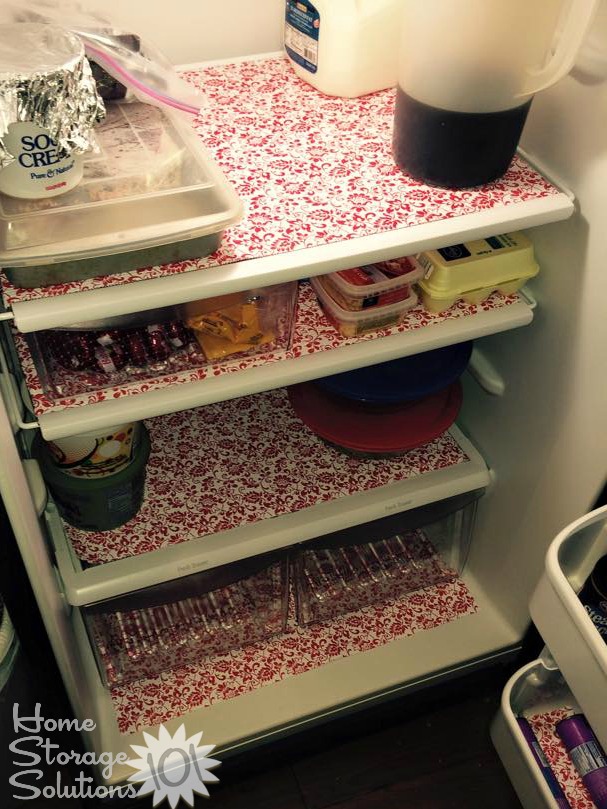 Refrigerator lined with shelf liner {featured on Home Storage Solutions 101}