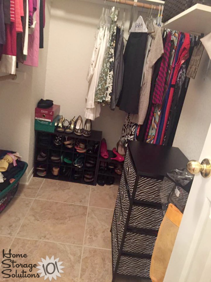 Decluttered and organized closet where closet floor clutter removed {featured on Home Storage Solutions 101}