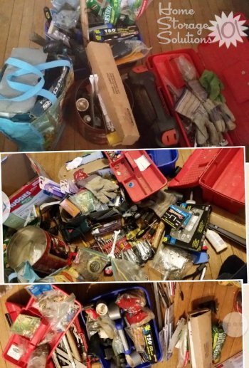 Before, during and after collage showing the process of decluttering tools {featured on Home Storage Solutions 101}