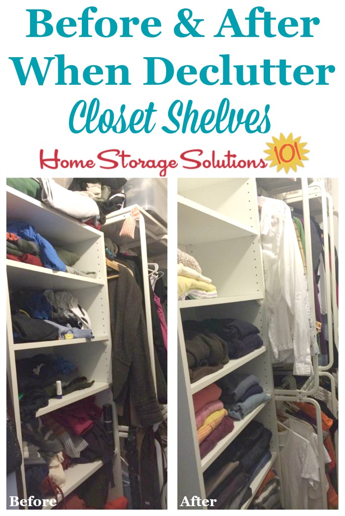 Before and after when decluttering closet shelves, to show the improvement this simple step will make in cleaning out your closet {featured on Home Storage Solutions 101}