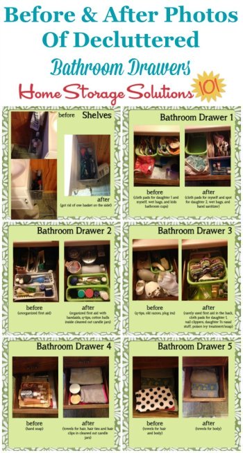 Lots of before and after photos of decluttered bathroom drawers, plus how to get rid of bathroom drawer clutter {on Home Storage Solutions 101}