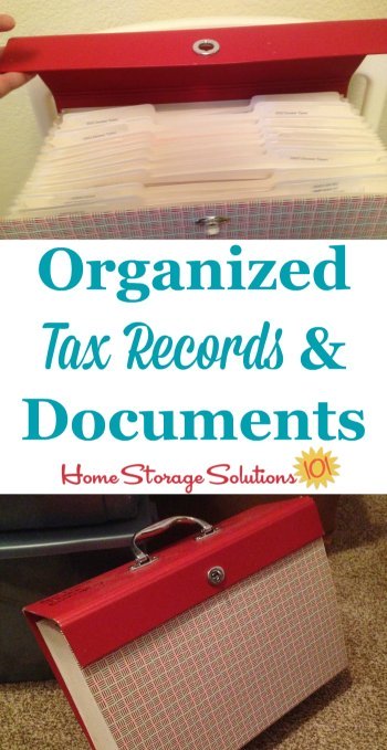 Organized tax records and documents, to show ideas for filing system and storage of old tax returns {featured on Home Storage Solutions 101}