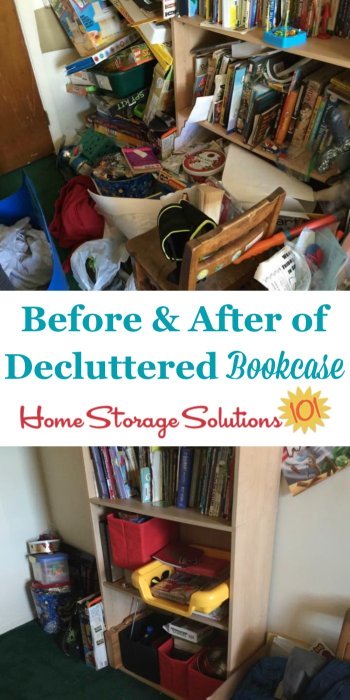 Before and after photos of decluttered bookcase {featured on Home Storage Solutions 101} #Declutter365 #ClutterControl #Declutter