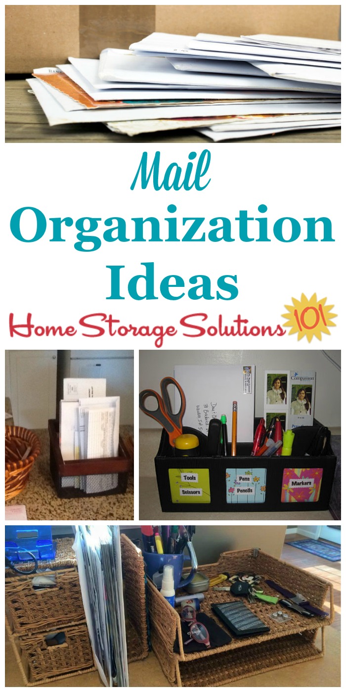Mail organization ideas for your home, with a place to hold your incoming mail as well as mailing supplies {on Home Storage Solutions 101} #MailOrganization #OrganizeMail #PaperOrganization