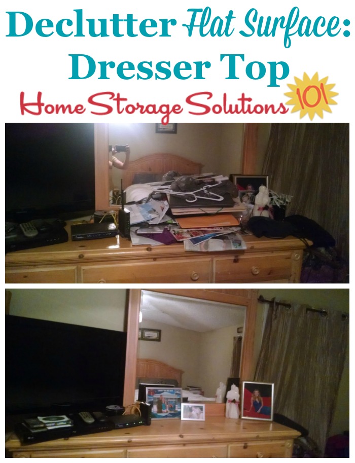 Before and after when declutter the flat surface of the dresser top in the bedroom {featured on Home Storage Solutions 101}